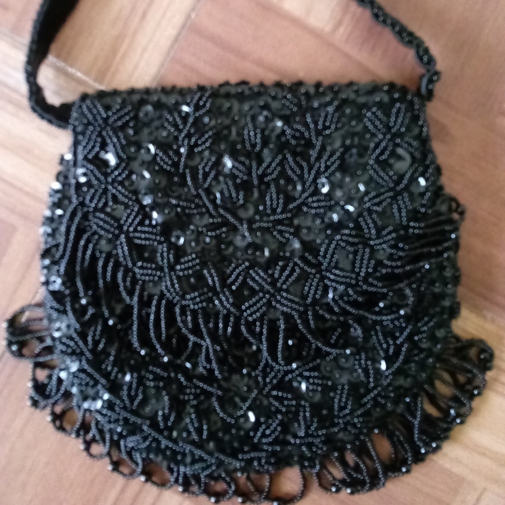 Star Brand Black Beaded Applique Throwback Bag